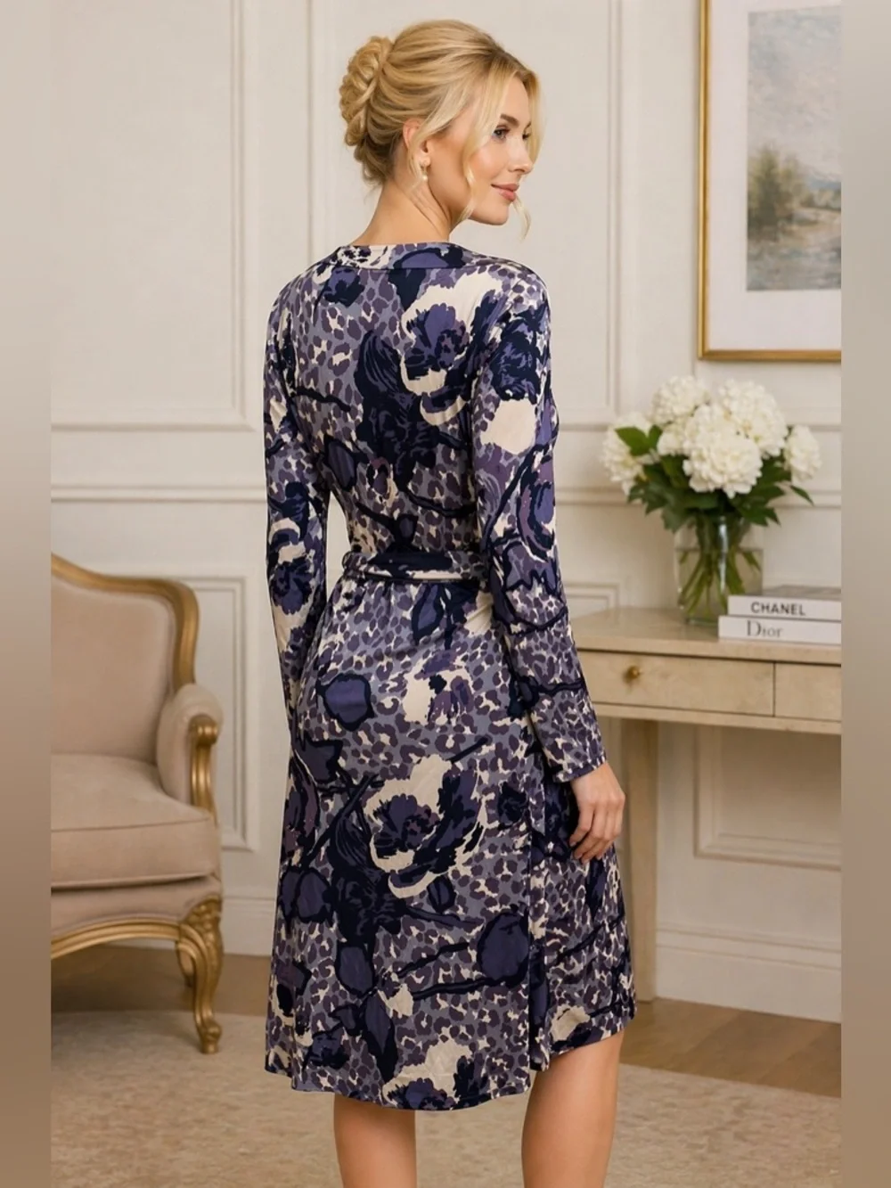 Tory Burch Cory Blue Floral & Animal Print Tie-Waist Silk Dress